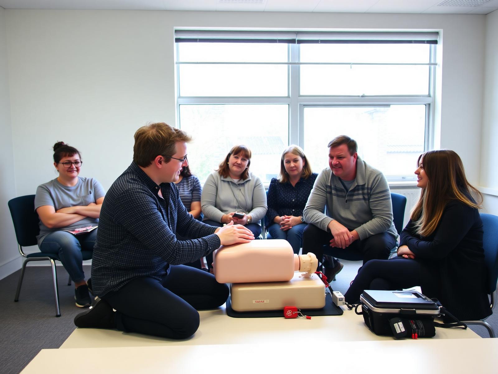 A First Response First Aid instructor demonstrating CPR to a small group of adult learners.
